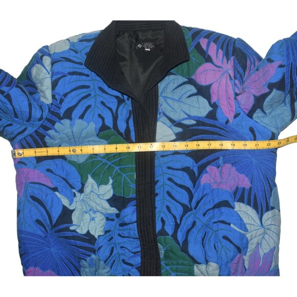 Vintage 80s Silk Quilted Jacket Cardigan Tropical Leaves Floral 14 L - Picture 5 of 9